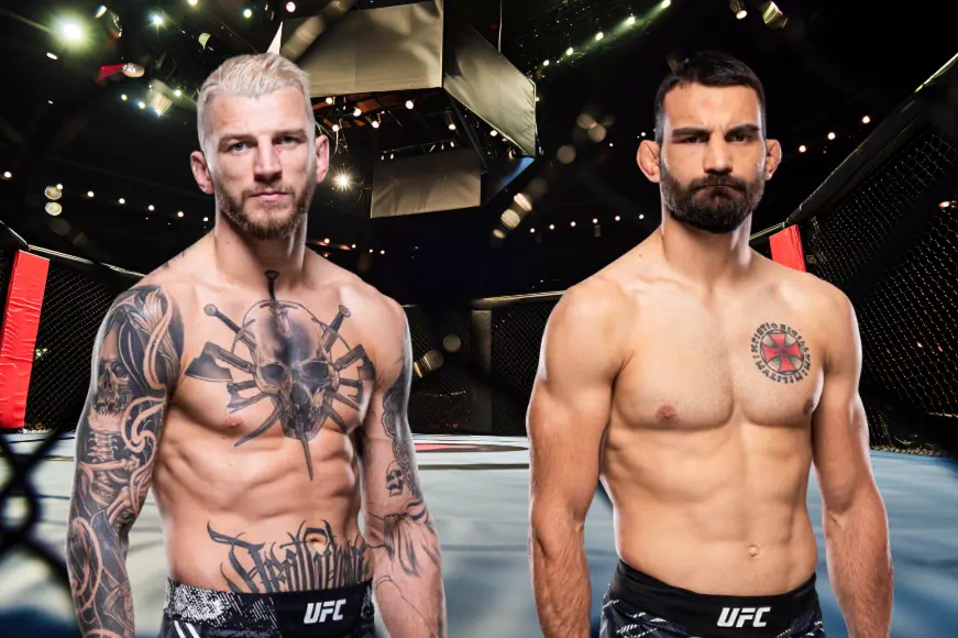 UFC Hooker vs Saint-Denis lightweight fight preview, MMA showdown inside the octagon, pre-fight promotional image with two professional fighters.