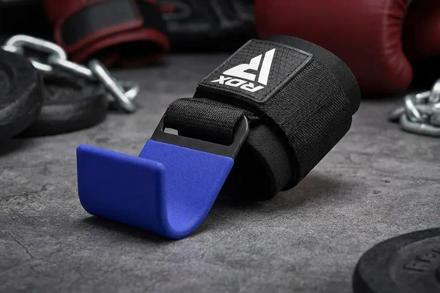 RDX black wrist hook with blue steel lifting hook, strength training accessory for MMA, boxing, Muay Thai, kickboxing and BJJ athletes.
