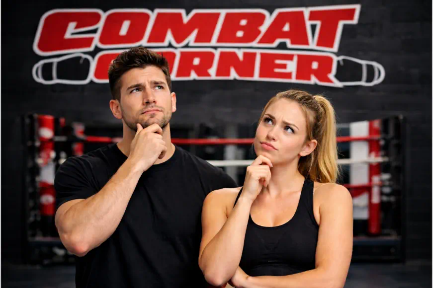 Homme et femme débutants dans une salle de boxe CombatCorner se demandant quel sport de combat choisir