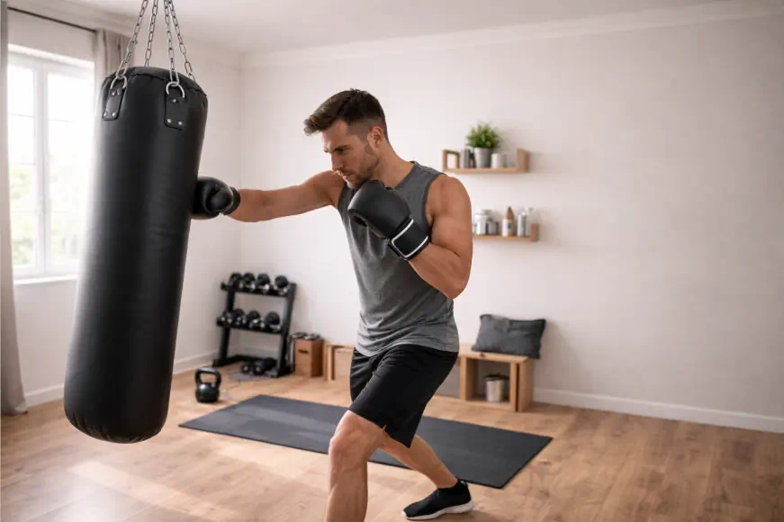 Homme s’entraînant à frapper dans un sac de frappe suspendu à la maison avec gants de boxe dans une pièce fitness.
