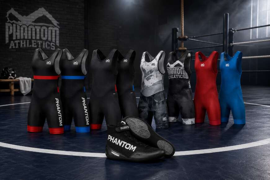 Phantom Athletics Ringertrikots und Phantom COMBAT Ringerschuhe in einer Ringerhalle