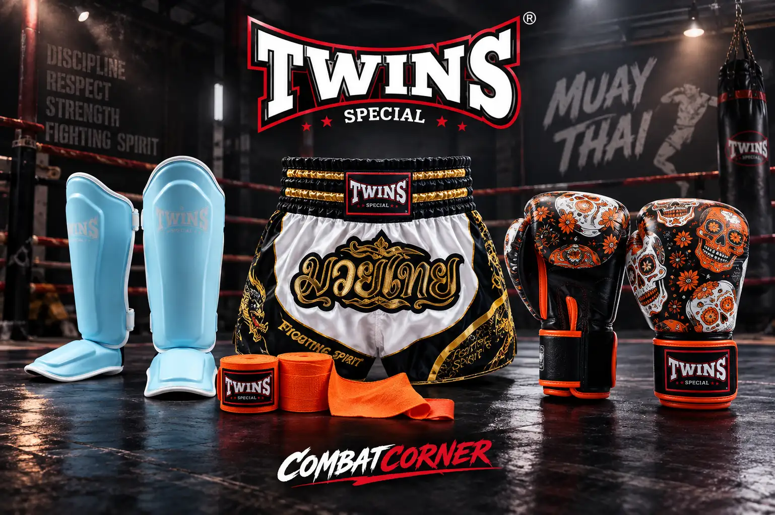 Attrezzatura Twins Special Muay Thai – guantoni da boxe, paratibie, pantaloncini Muay Thai e fasce