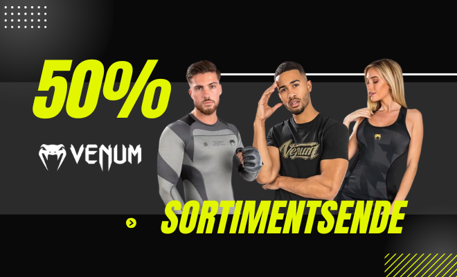 Venum Sortimentsende Aktion mit 50% Rabatt auf Kampfsportbekleidung für Boxen, MMA und Training für Damen und Herren.