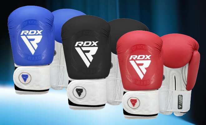 Promotional CombatCorner.ch banner featuring blue and white RDX T1 WAKO boxing gloves with 70% discount, sale price CHF 29.90 instead of CHF 99.-, Outlet badge on premium black and red background.