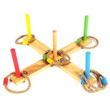 Wooden ring toss game with 5 pegs