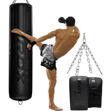 RDX F6 KARA 152 cm 3-in-1 Punch Bag & Bag Gloves Set, Colour: Schwarz, Additional Weight: 22.5 kg, Length: 1.5m
