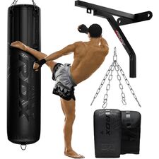 Boxsack Set 4PC F6 Matt Schwarz mit Handschuhen, Kette und Halterung – 152 cm, Farbe: Schwarz, Zusatzgewicht: 25, Länge: 1.5m