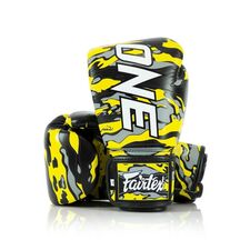 Gants de boxe Fairtex &ndash; ONE x Mr.Sabotage &ndash; Camouflage Jaune &ndash; 14 oz, Couleur: Jaune, oz: 14oz