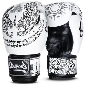 8W-8140017-3-8 WEAPONS Boxing Gloves - Sak Yant Tigers white 14 Oz