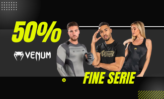 Promozione Venum fine serie con sconto del 50% su abbigliamento sport da combattimento per boxe, MMA e allenamento.