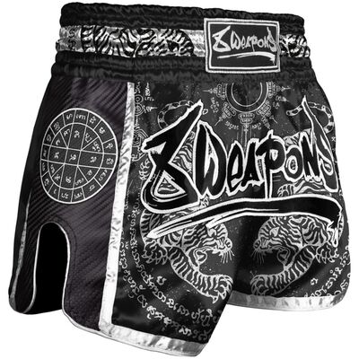 8 Weapons Muay Thai Shorts Carbon - Sak Yant Tigers, Colour: Schwarz, Size: XL
