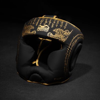 Casque de protection Muay Thai – Noir/Or – Taille unique, Taille: Taille unique, Couleur: Noir