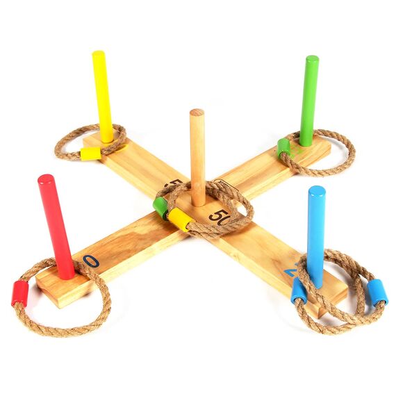 Wooden ring toss game with 5 pegs