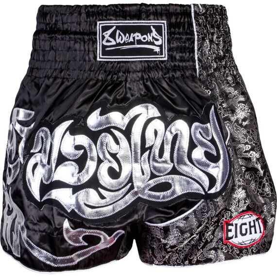 8 WEAPONS Muay Thai Traditional Short – Silver Dragon, Size: XL, Colour: Schwarz, Size: XL
