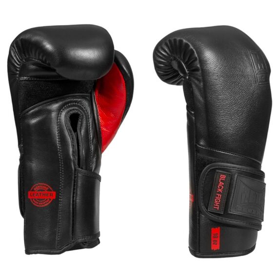 Black Fight Leather Boxing Gloves, Colour: Schwarz, OZ: 10oz