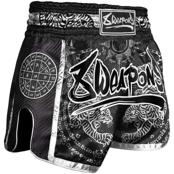 8 Weapons Muay Thai Shorts Carbon - Sak Yant Tigers, Colour: Schwarz, Size: XL