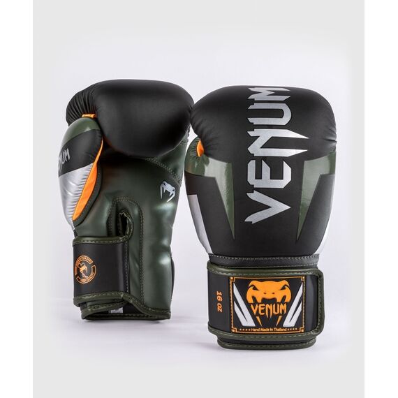 Venum Elite Boxing Gloves - Black/Silver/Kaki - 16 Oz, Colour: Schwarz, OZ: 16oz