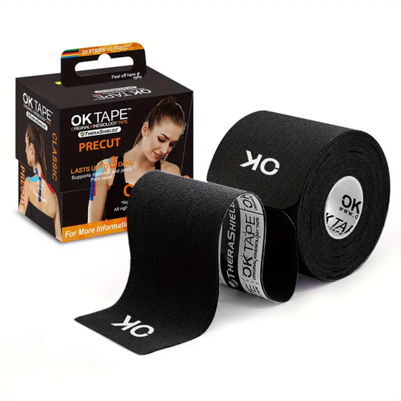 OK TAPE Kinesiology  25cm x 5cm Pre-cut, 20 Black Strips, Colore: Nero, Lunghezza: 5.0m