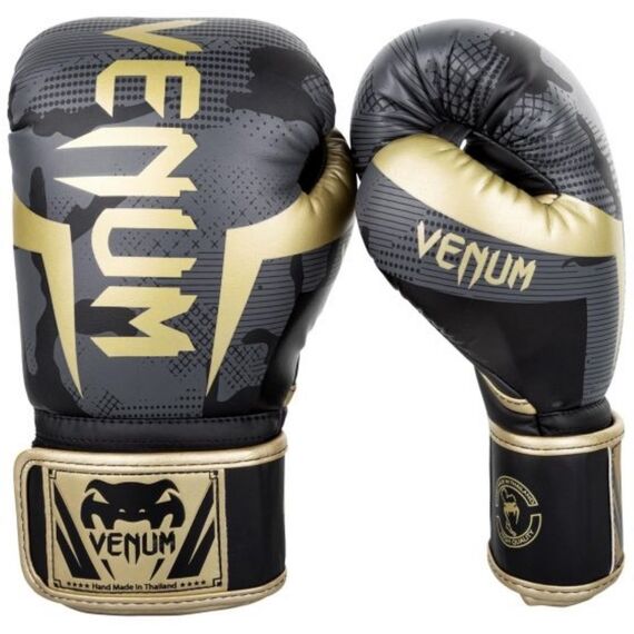 Venum Elite Boxing Gloves - Dark camo/Gold, Colour: Grey, OZ: 16oz