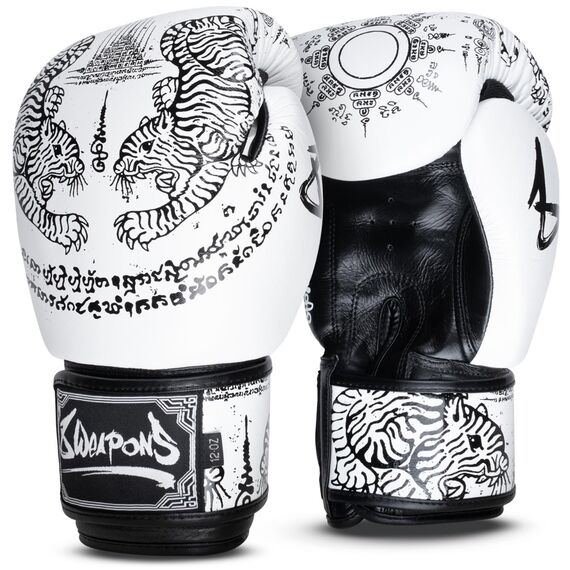 8 WEAPONS Boxing Gloves - Sak Yant Tigers white 14 Oz, Colour: Weiss, OZ: 14oz