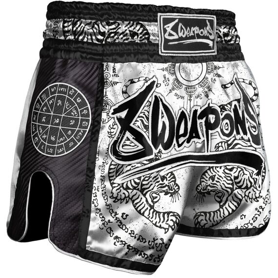 8 Weapons Muay Thai Shorts Carbon - Sak Yant Tigers, Size: XL, Colour: Weiss