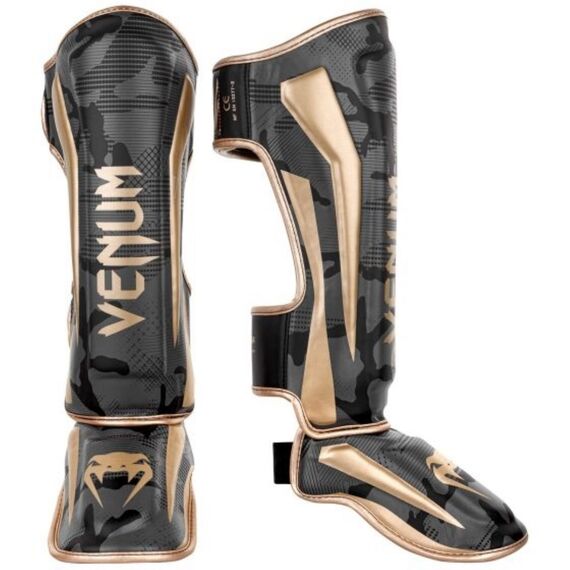 Venum Elite Shin Guards - Dark camo/Gold, Colour: Gold, Size: XL