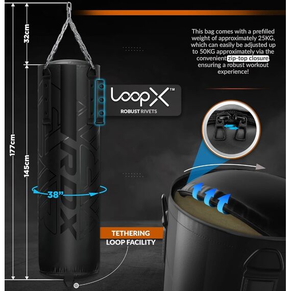 RDX F6 KARA 152 cm 3-in-1 Punch Bag & Bag Gloves Set, Colour: Schwarz, Additional Weight: 22.5 kg, Length: 1.5m, 7 image