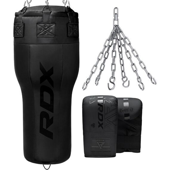 RDX 3-in-1 Angle Punch Bag Full Black with Gloves Set, Colour: Schwarz, Additional Weight: 28