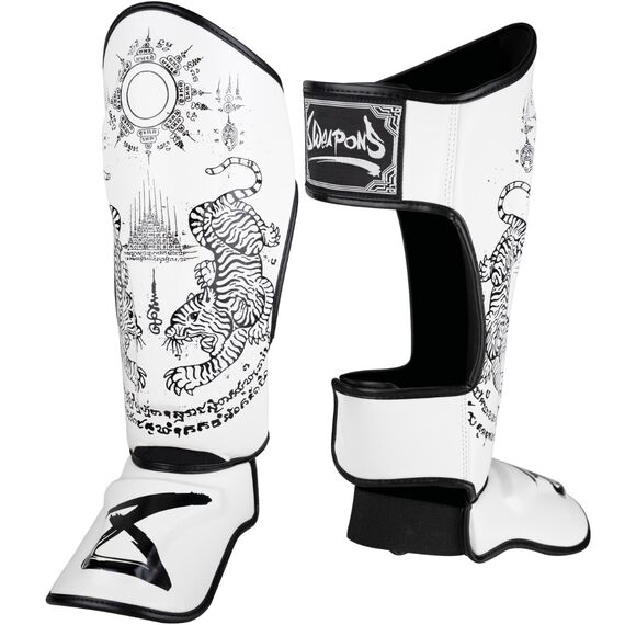 8 WEAPONS Shin Guards - Sak Yant Tigers white XL, Size: XL, Colour: Weiss