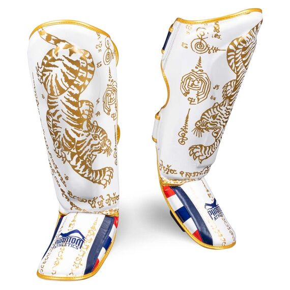 Protège-tibias Phantom Muay Thai – Blanc/Or – L/XL, Taille: L/XL, Couleur: Blanc