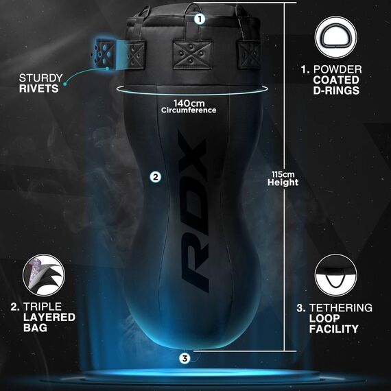 RDX Full Black Body Punch Bag with Training Mitts, Colour: Schwarz, Additional Weight: 28 kg, Length: 1.2m, 2 image