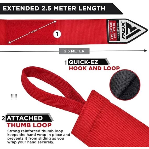 Bandes de Boxe RDX Hand Wraps Pro 2.5 m Rouges, Couleur: Rouge, Longueur: 2.5m, 2 image