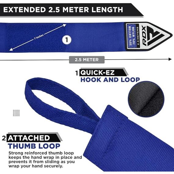Bandes de Boxe RDX Hand Wraps Pro 2.5 m Bleues, Couleur: Bleu, Longueur: 2.5m, 5 image