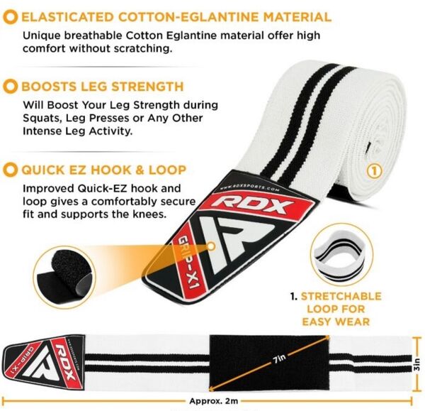 RDXWAH-K1W-Gym Knee Wraps White/Black Plus