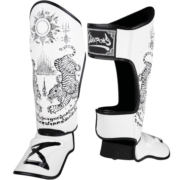 8W-8450013-3-8 WEAPONS Shin Guards - Sak Yant Tigers white L