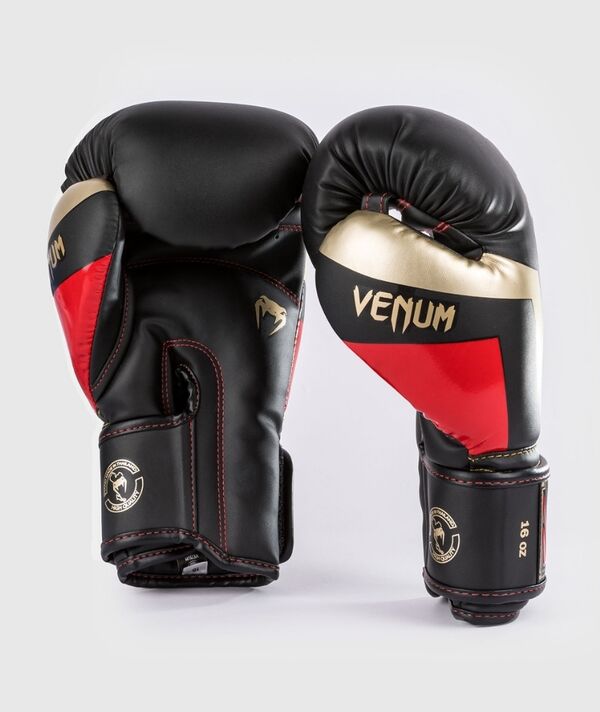 VE-1392-603-16OZ-Venum Elite Boxing Gloves - Black/Gold/Red - 16 Oz