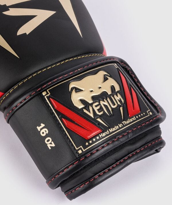 VE-1392-603-16OZ-Venum Elite Boxing Gloves - Black/Gold/Red - 16 Oz