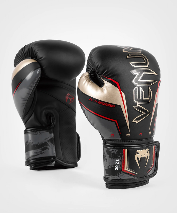 VE-04260-603-14OZ-Venum Elite Evo Boxing Gloves - Black/Gold/Red - 14 Oz