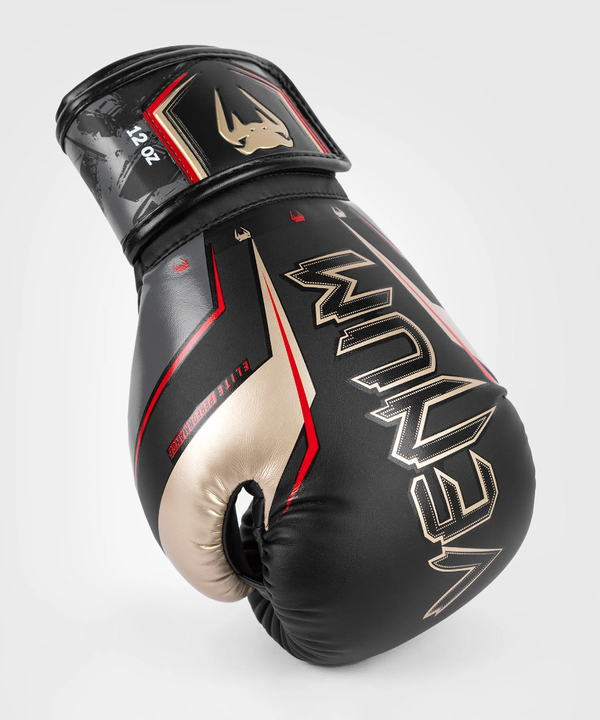 VE-04260-603-14OZ-Venum Elite Evo Boxing Gloves - Black/Gold/Red - 14 Oz