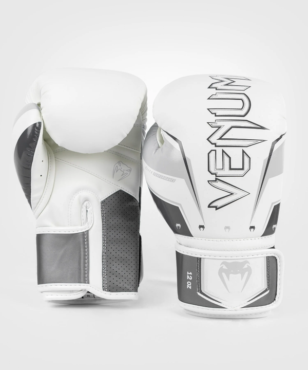 VE-04260-614-12OZ-Venum Elite Evo Boxing Gloves - Grey/White - 12 Oz