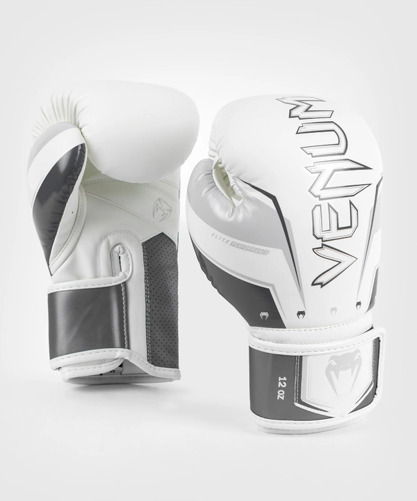 VE-04260-614-12OZ-Venum Elite Evo Boxing Gloves - Grey/White - 12 Oz