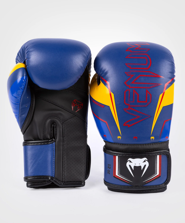 VE-04260-405-14OZ-Venum Elite Evo Boxing Gloves - Blue/Yellow - 14 Oz