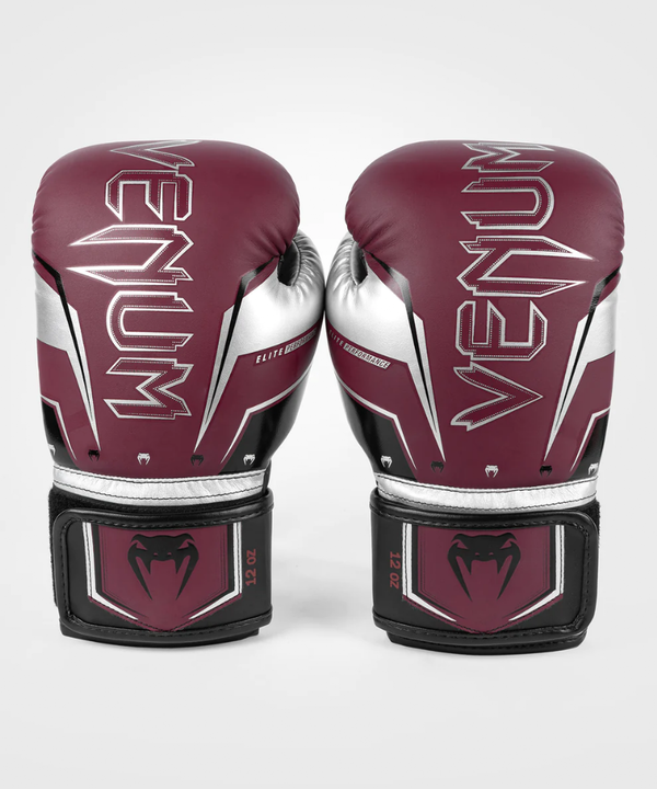 VE-04260-613-10OZ-Venum Elite Evo Boxing Gloves - Burgundy/Silver - 10 Oz