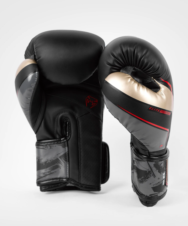 VE-04260-603-16OZ-Venum Elite Evo Boxing Gloves - Black/Gold/Red - 16 Oz