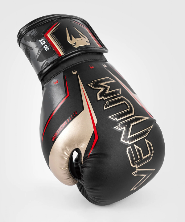 VE-04260-603-16OZ-Venum Elite Evo Boxing Gloves - Black/Gold/Red - 16 Oz