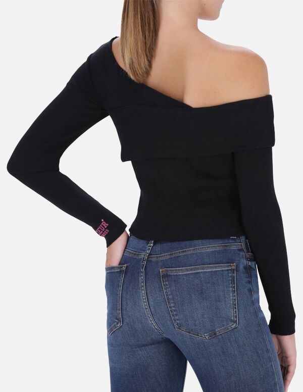 BXW2000363ASBK-M-One Shoulder Rib Long Sleeve